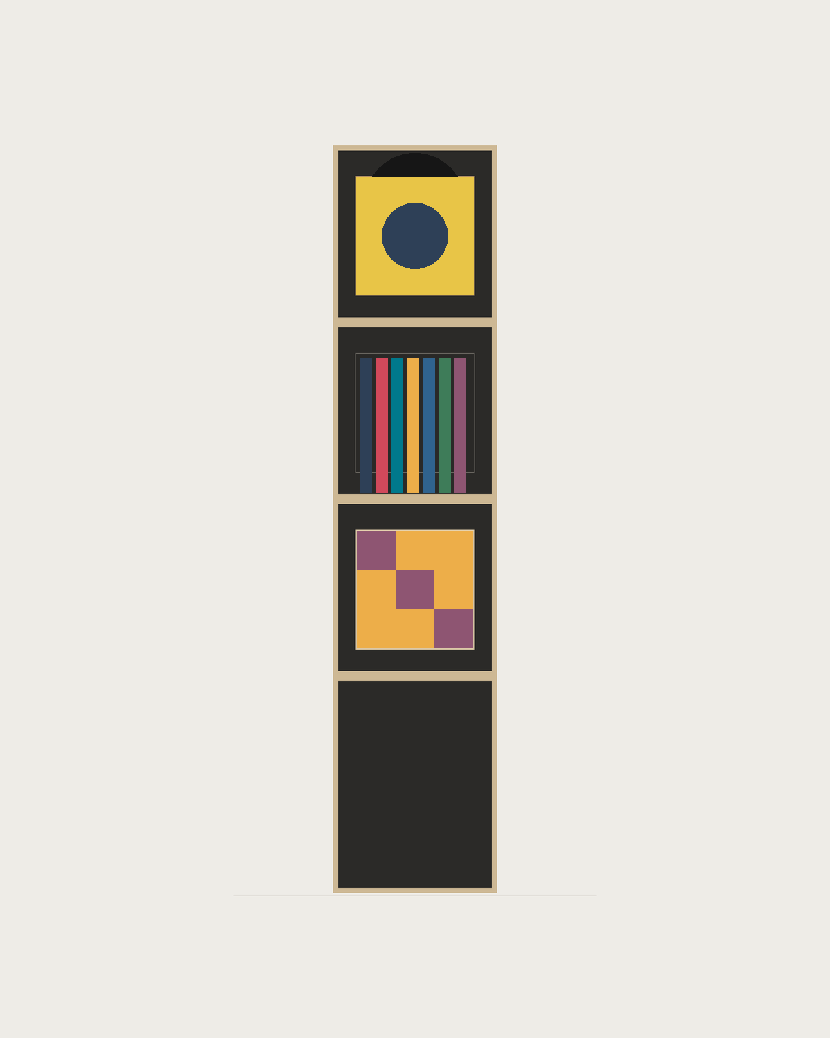 Drawing of a Coverfront record cabinet in black birch plywood, one column wide and three compartments high