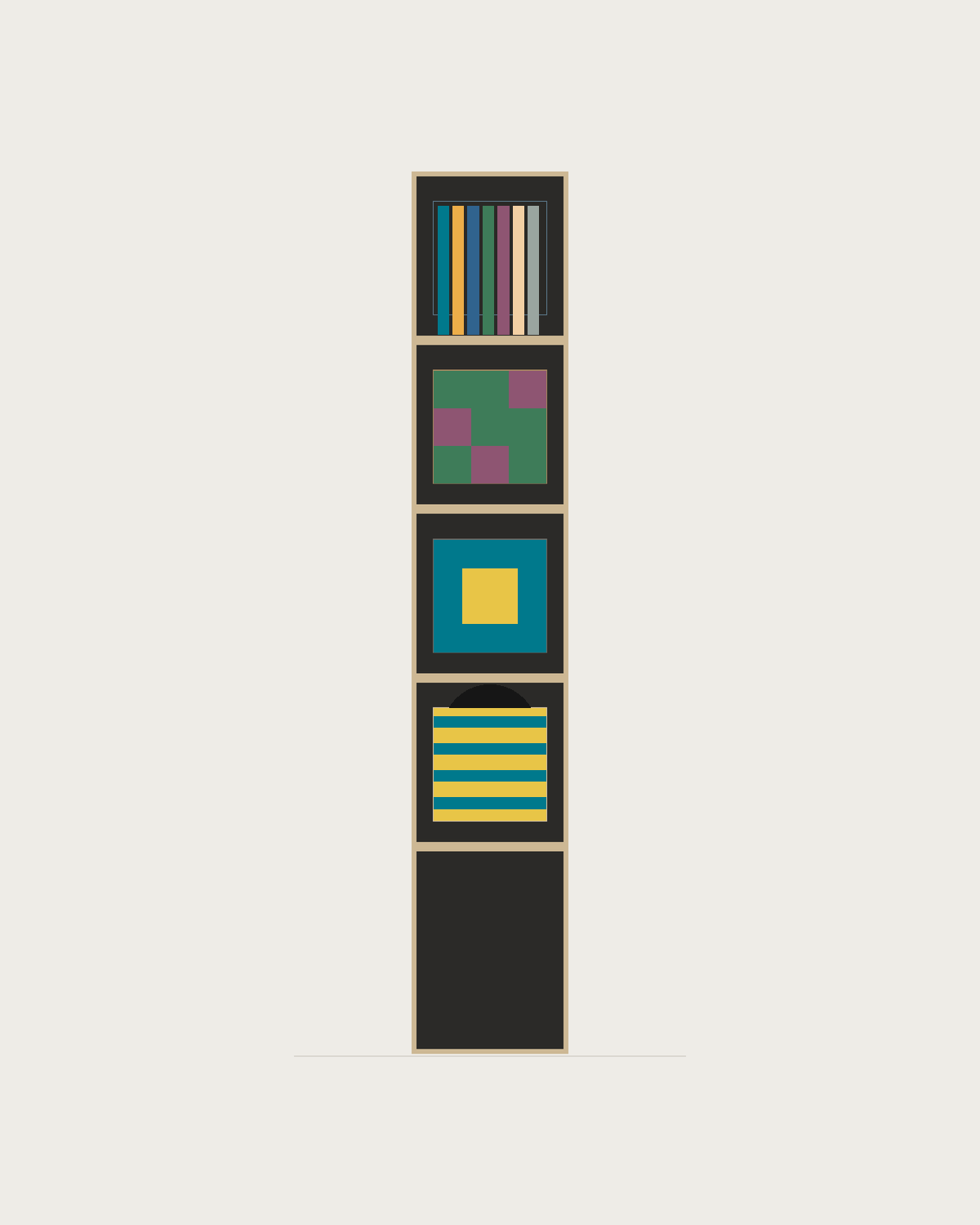 Drawing of a Coverfront record cabinet in black birch plywood, one column wide and four compartments high