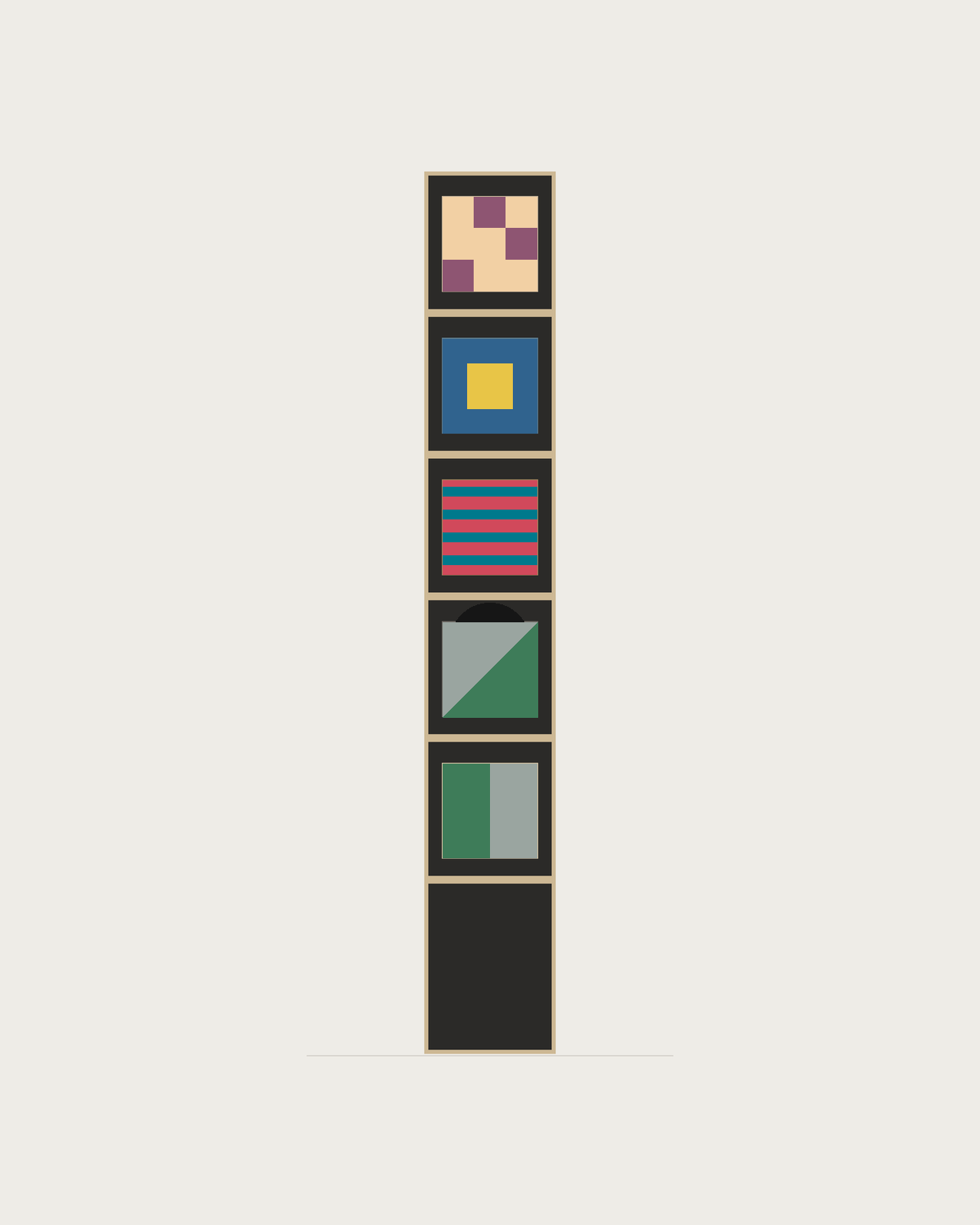 Drawing of a Coverfront record cabinet in black birch plywood, one column wide and five compartments high