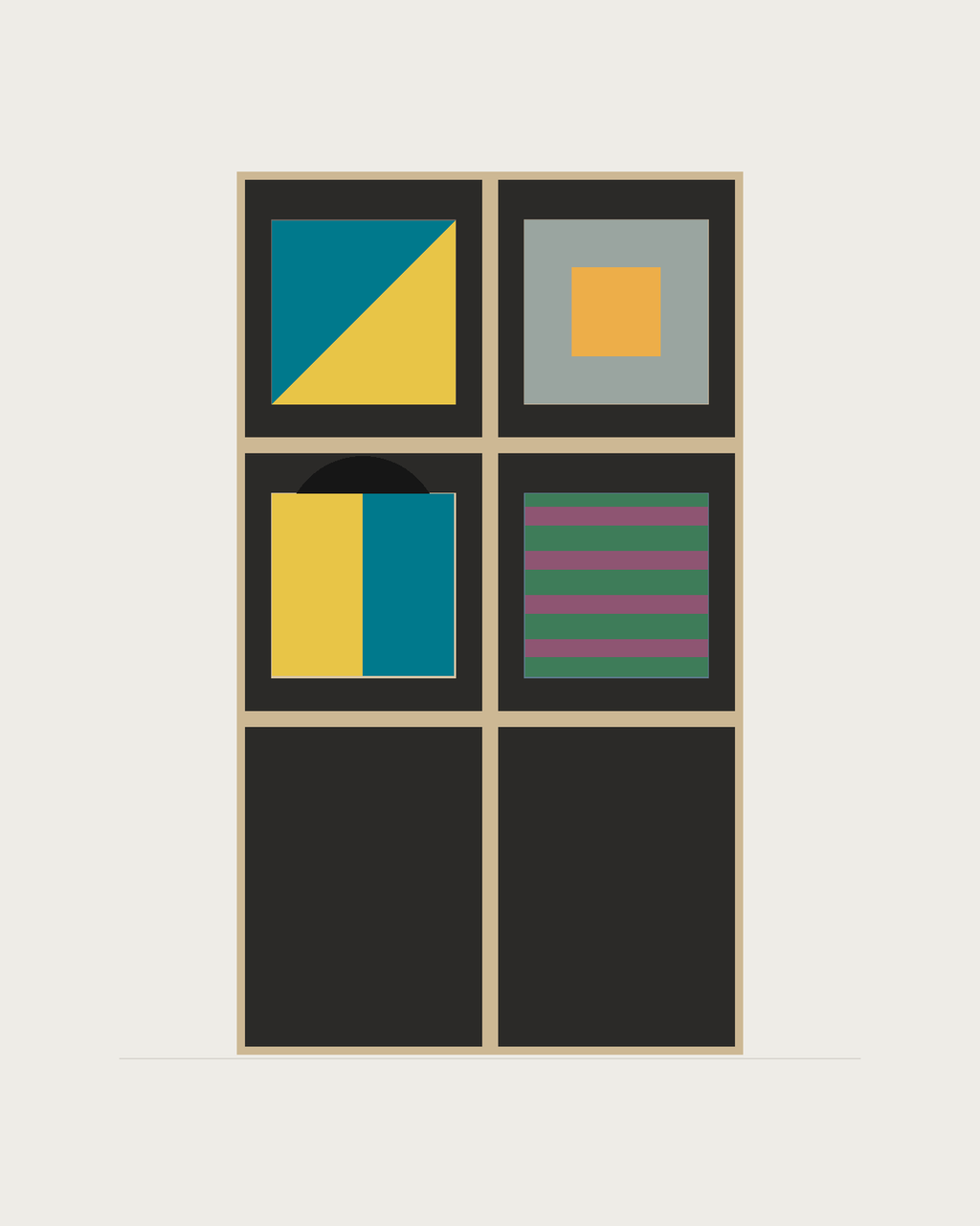 Drawing of a Coverfront record cabinet in black birch plywood, two columns wide and two compartments high