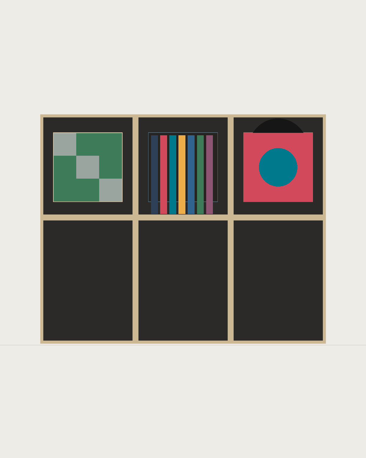 Drawing of a Coverfront record cabinet in black birch plywood, three columns wide and one compartment high
