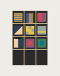 Drawing of a Coverfront record cabinet in black birch plywood, three columns wide and three compartments high