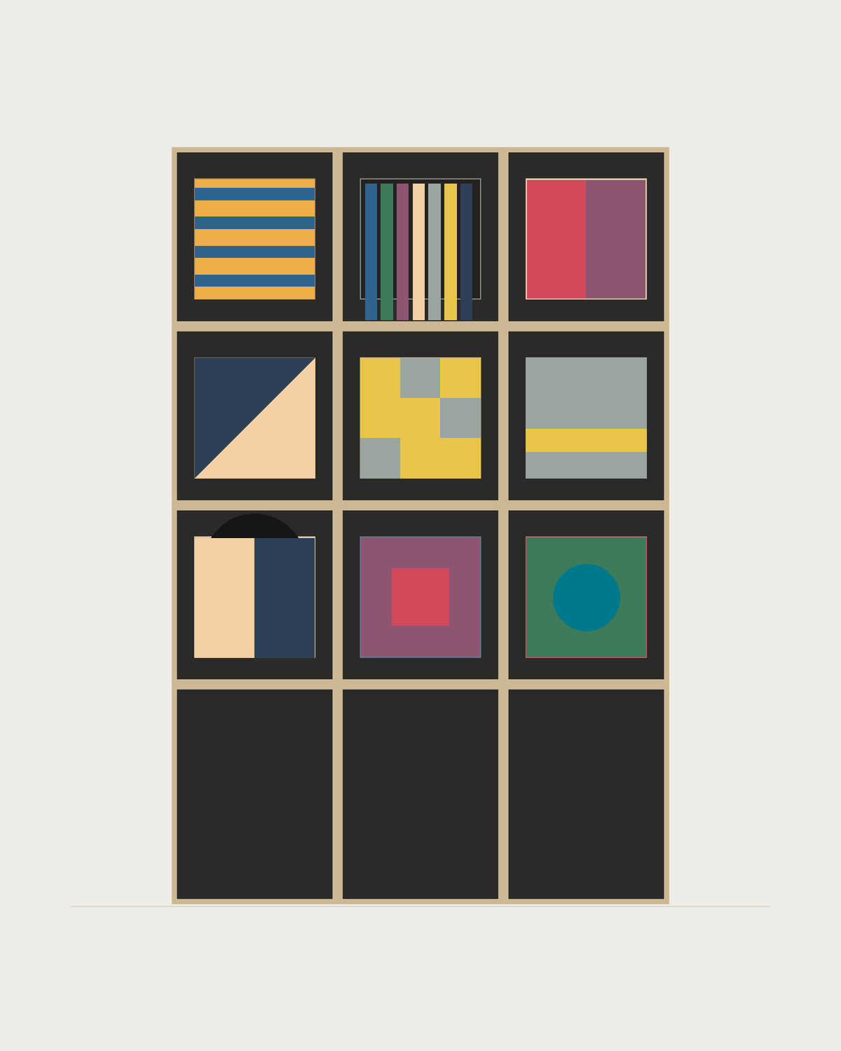 Drawing of a Coverfront record cabinet in black birch plywood, three columns wide and three compartments high