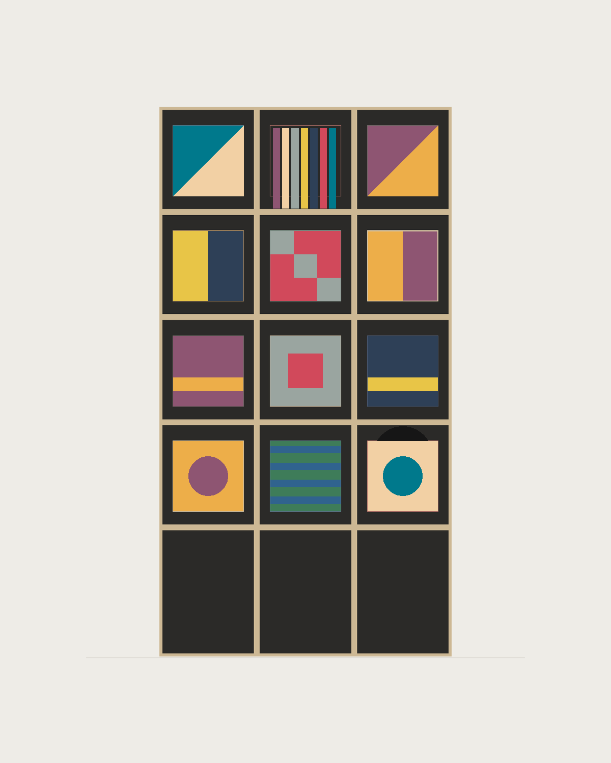 Drawing of a Coverfront record cabinet in black birch plywood, three columns wide and four compartments high