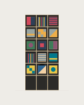 Drawing of a Coverfront record cabinet in black birch plywood, three columns wide and five compartments high
