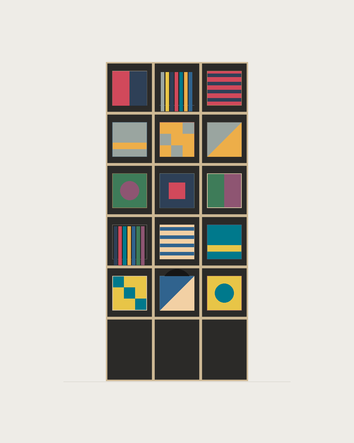 Drawing of a Coverfront record cabinet in black birch plywood, three columns wide and five compartments high