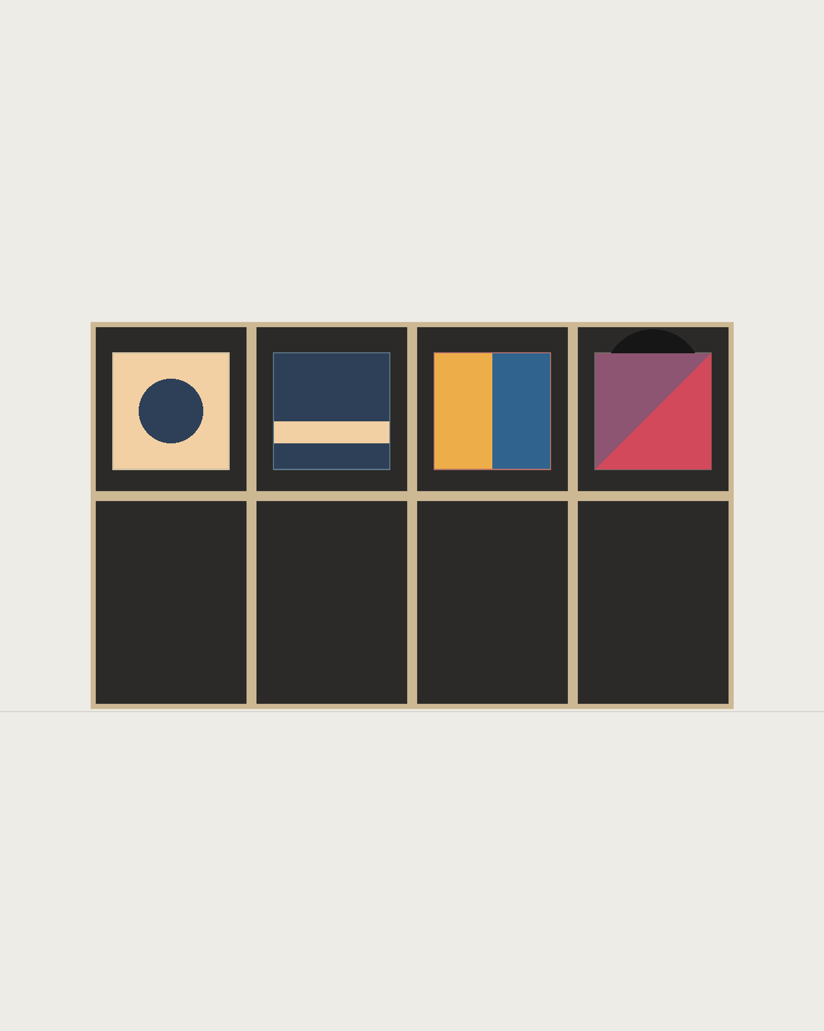 Drawing of a Coverfront record cabinet in black birch plywood, four columns wide and one compartment high