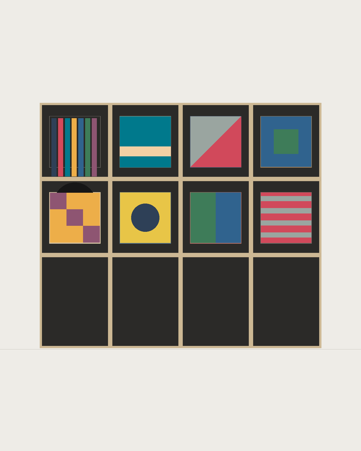Drawing of a Coverfront record cabinet in black birch plywood, four columns wide and two compartments high