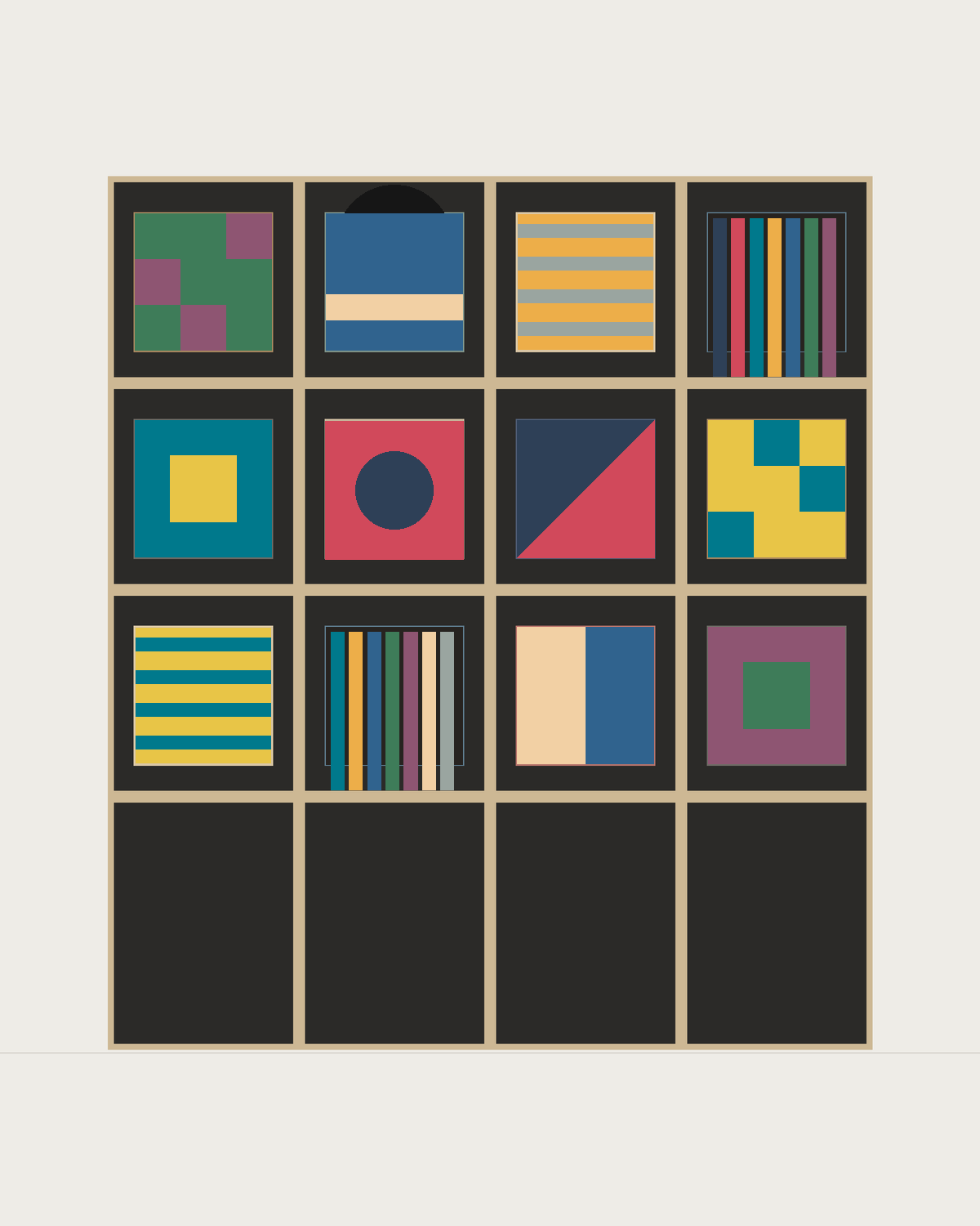 Drawing of a Coverfront record cabinet in black birch plywood, four columns wide and three compartments high