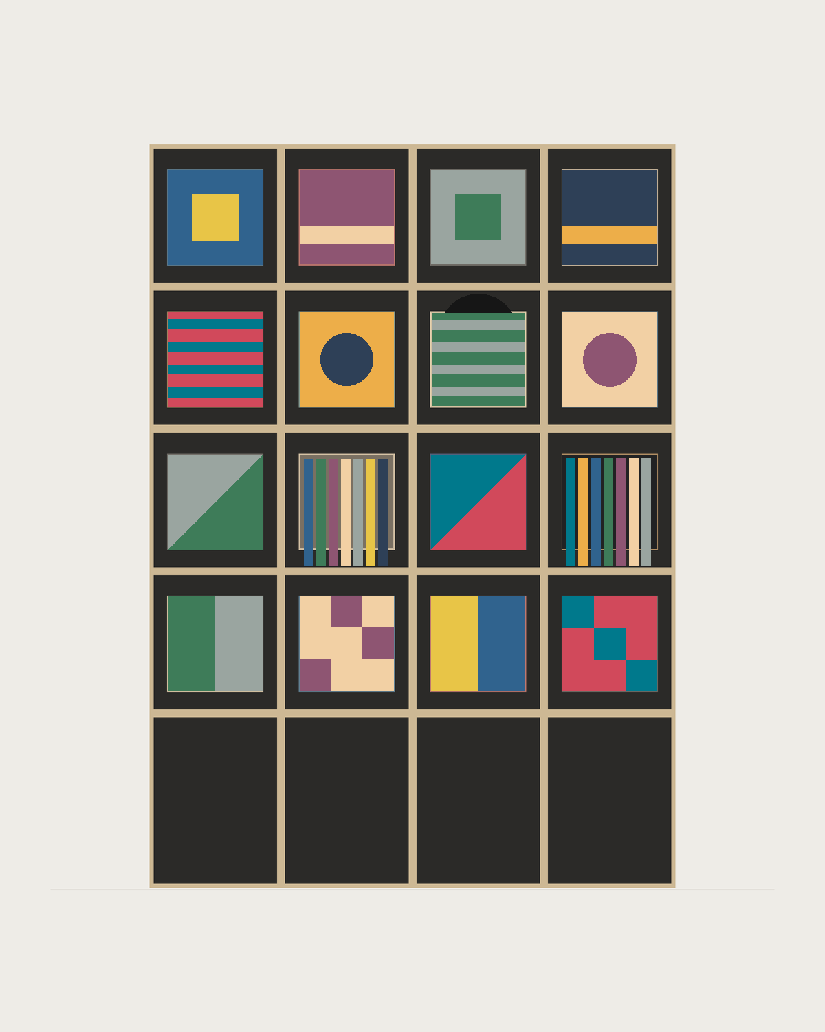 Drawing of a Coverfront record cabinet in black birch plywood, four columns wide and four compartments high