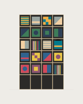 Drawing of a Coverfront record cabinet in black birch plywood, four columns wide and five compartments high
