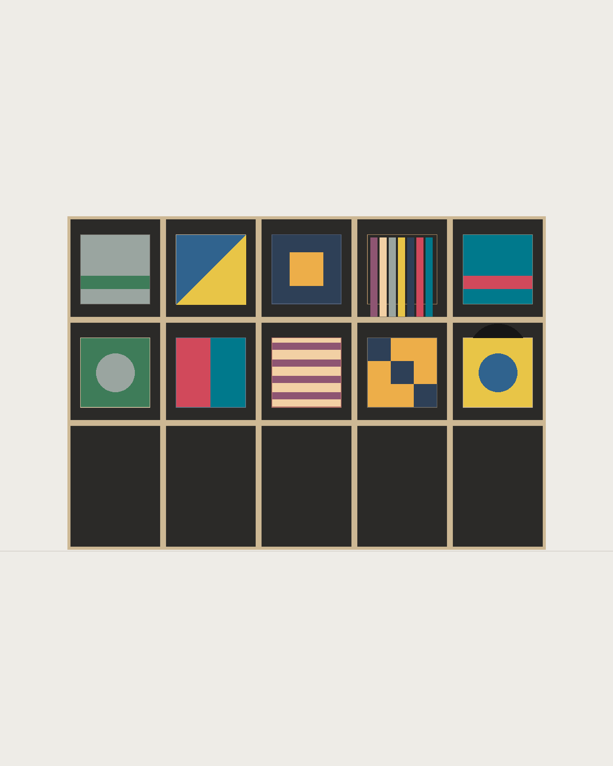 Drawing of a Coverfront record cabinet in black birch plywood, five columns wide and two compartments high