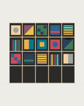 Drawing of a Coverfront record cabinet in black birch plywood, five columns wide and three compartments high
