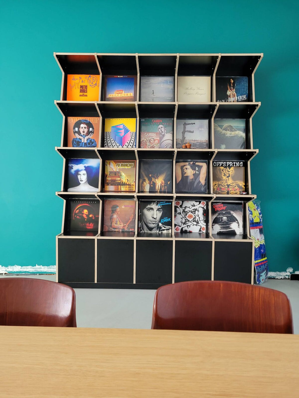 Ophon Coverfront record cabinet in birch plywood, black, five columns, four compartments high, with records standing cover-forward