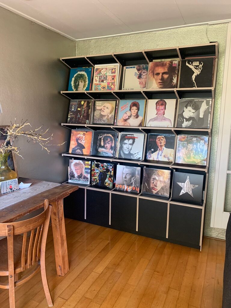 Ophon Coverfront record cabinet in birch plywood, black, five columns, four compartments high, with records standing cover-forward
