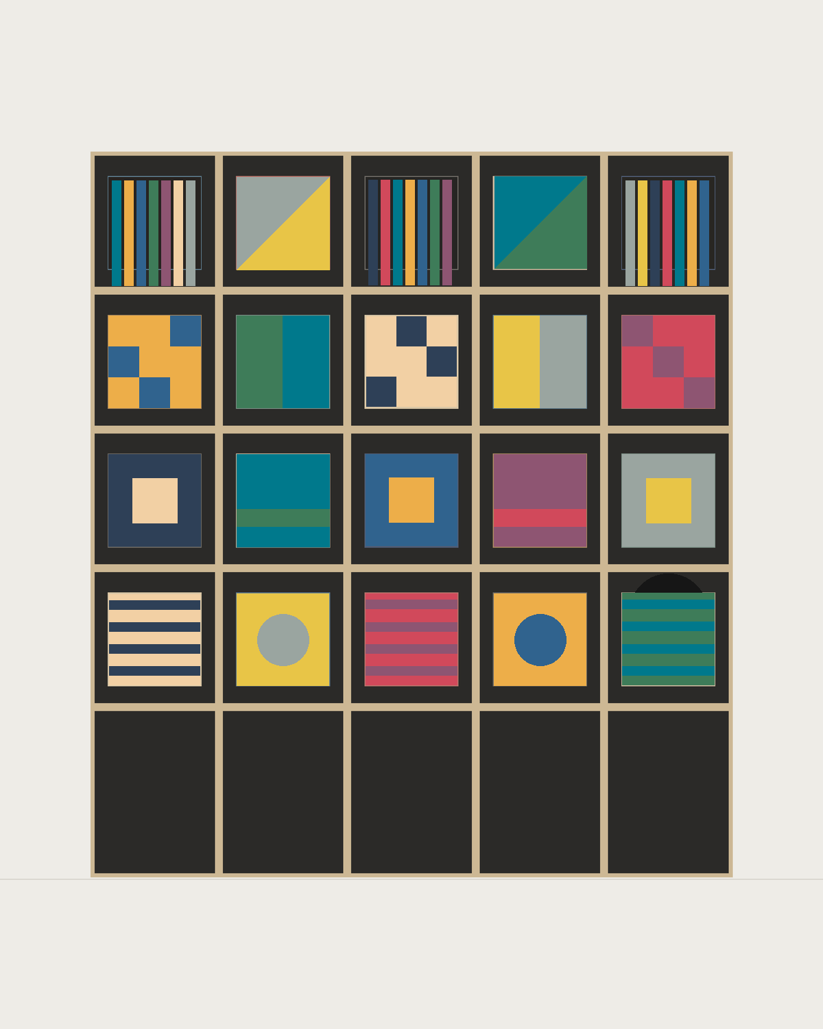 Drawing of a Coverfront record cabinet in black birch plywood, five columns wide and four compartments high