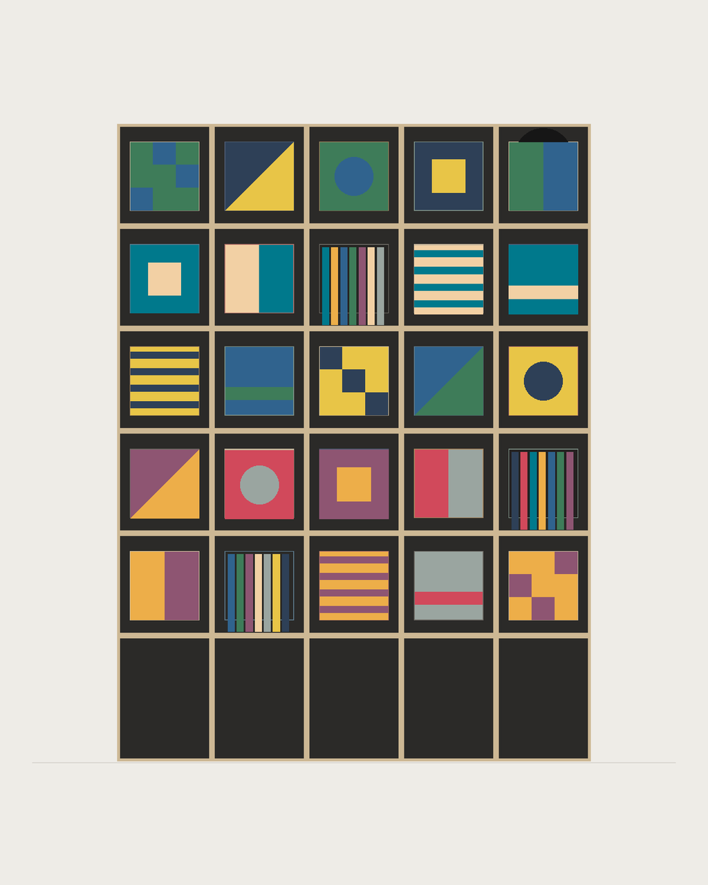 Drawing of a Coverfront record cabinet in black birch plywood, five columns wide and five compartments high
