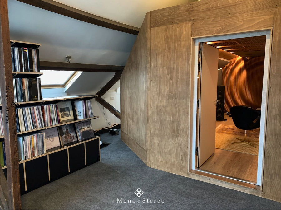 Built around a beam, under a sloping roof.
