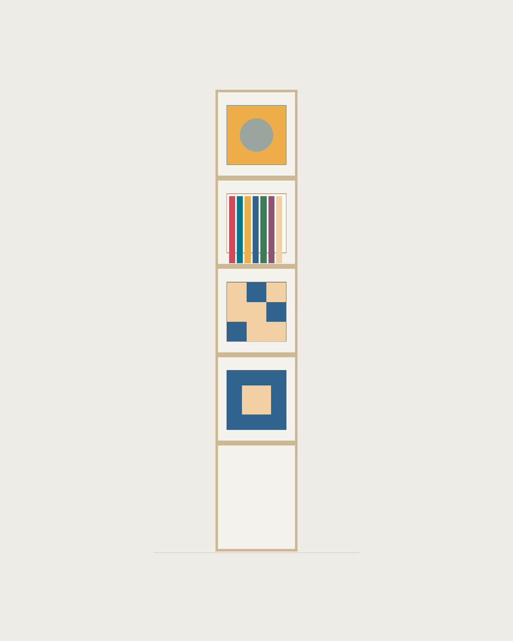 Drawing of a Coverfront record cabinet in white birch plywood, one column wide and four compartments high