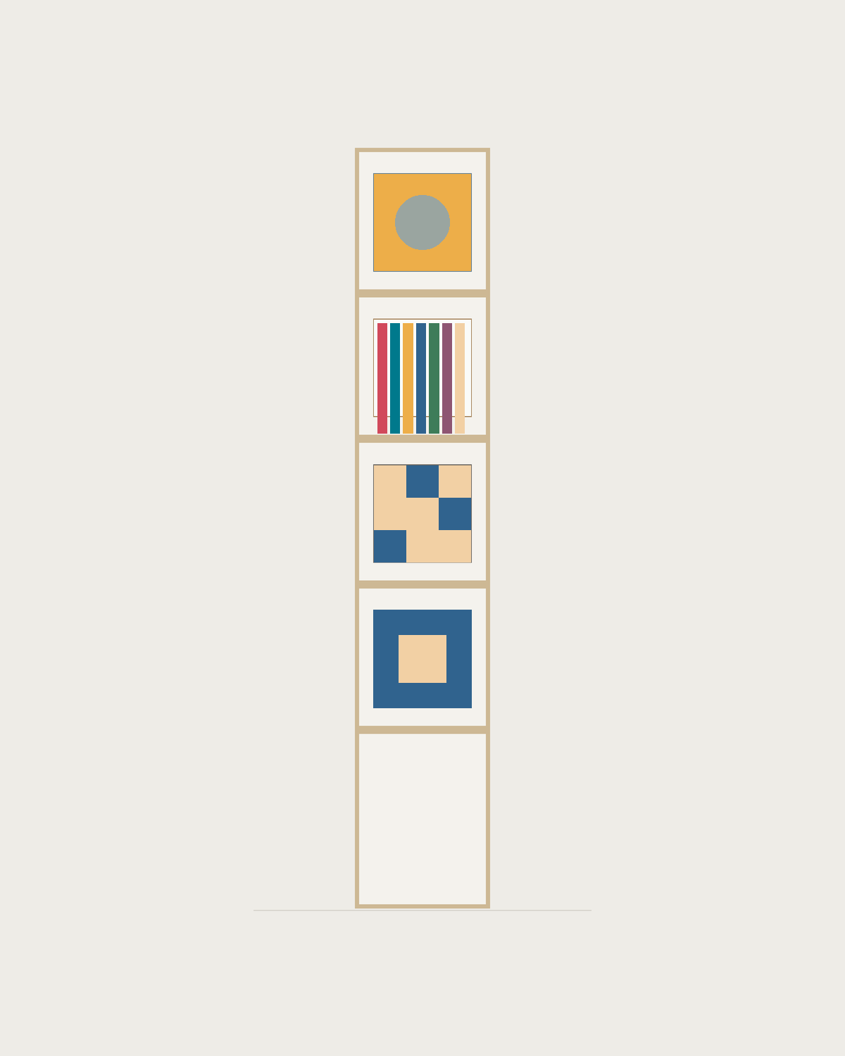 Drawing of a Coverfront record cabinet in white birch plywood, one column wide and four compartments high