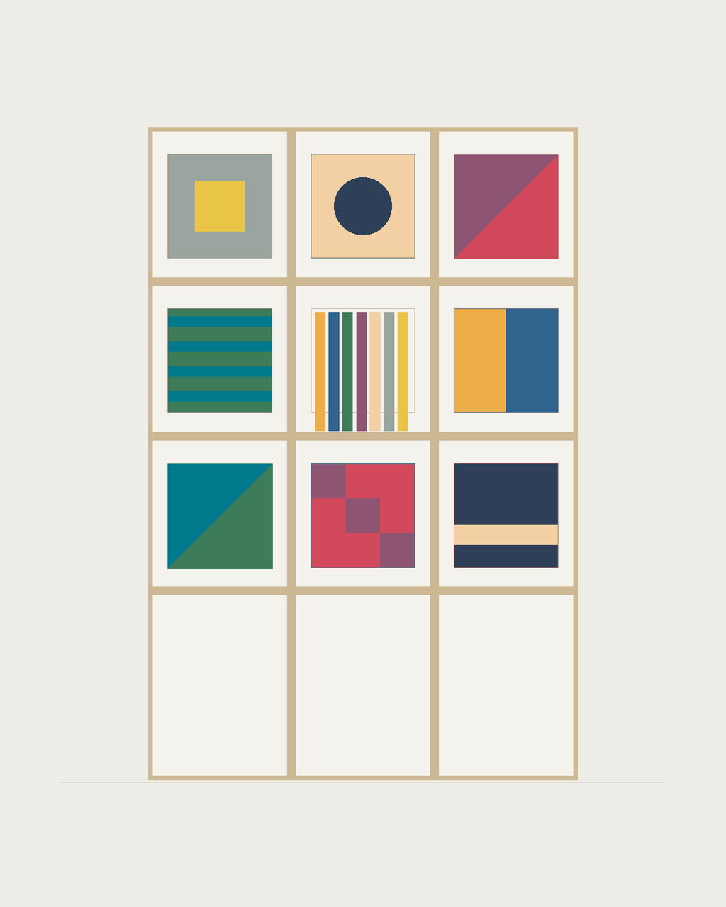 Drawing of a Coverfront record cabinet in white birch plywood, three columns wide and three compartments high