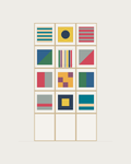 Drawing of a Coverfront record cabinet in white birch plywood, three columns wide and four compartments high