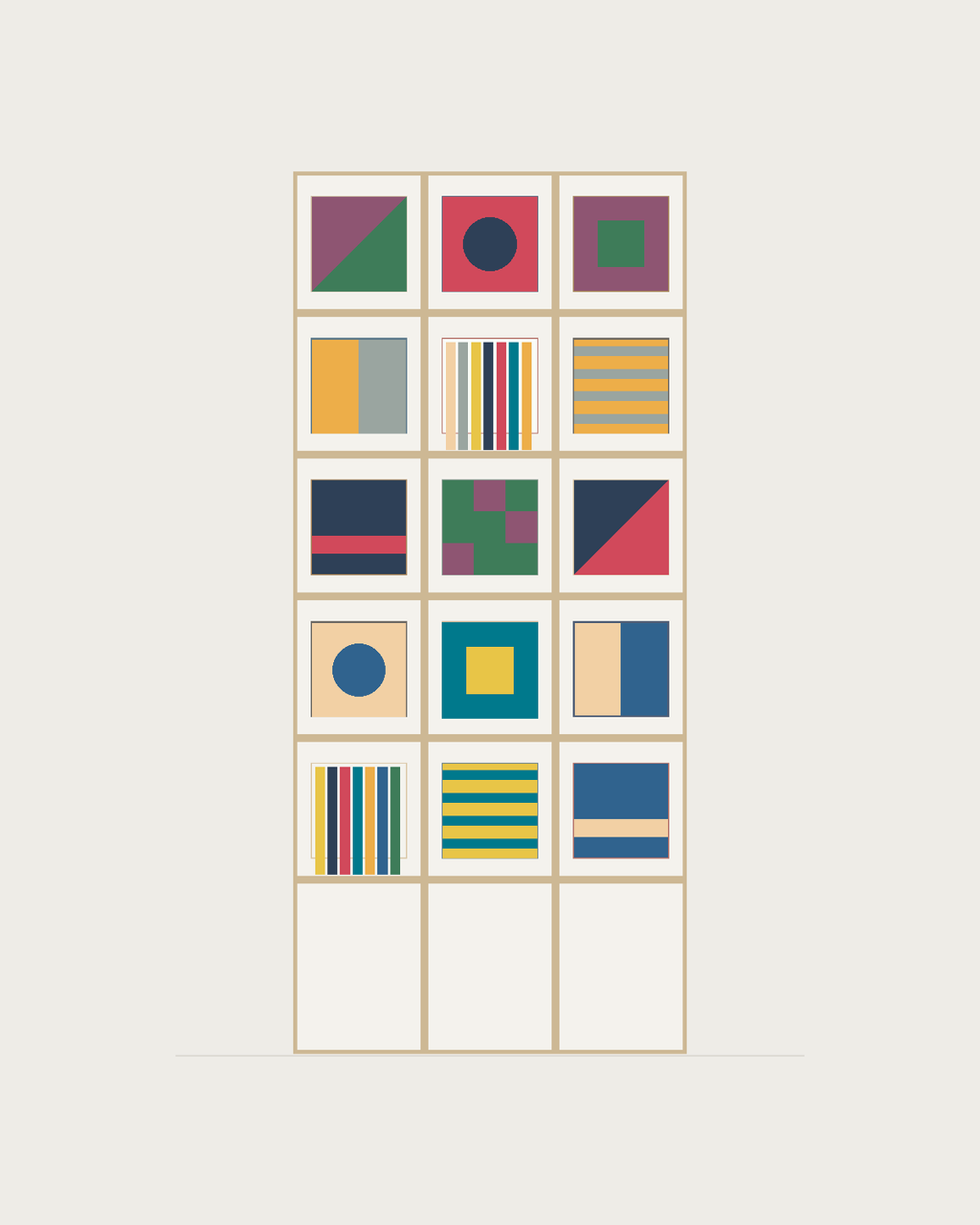 Drawing of a Coverfront record cabinet in white birch plywood, three columns wide and five compartments high