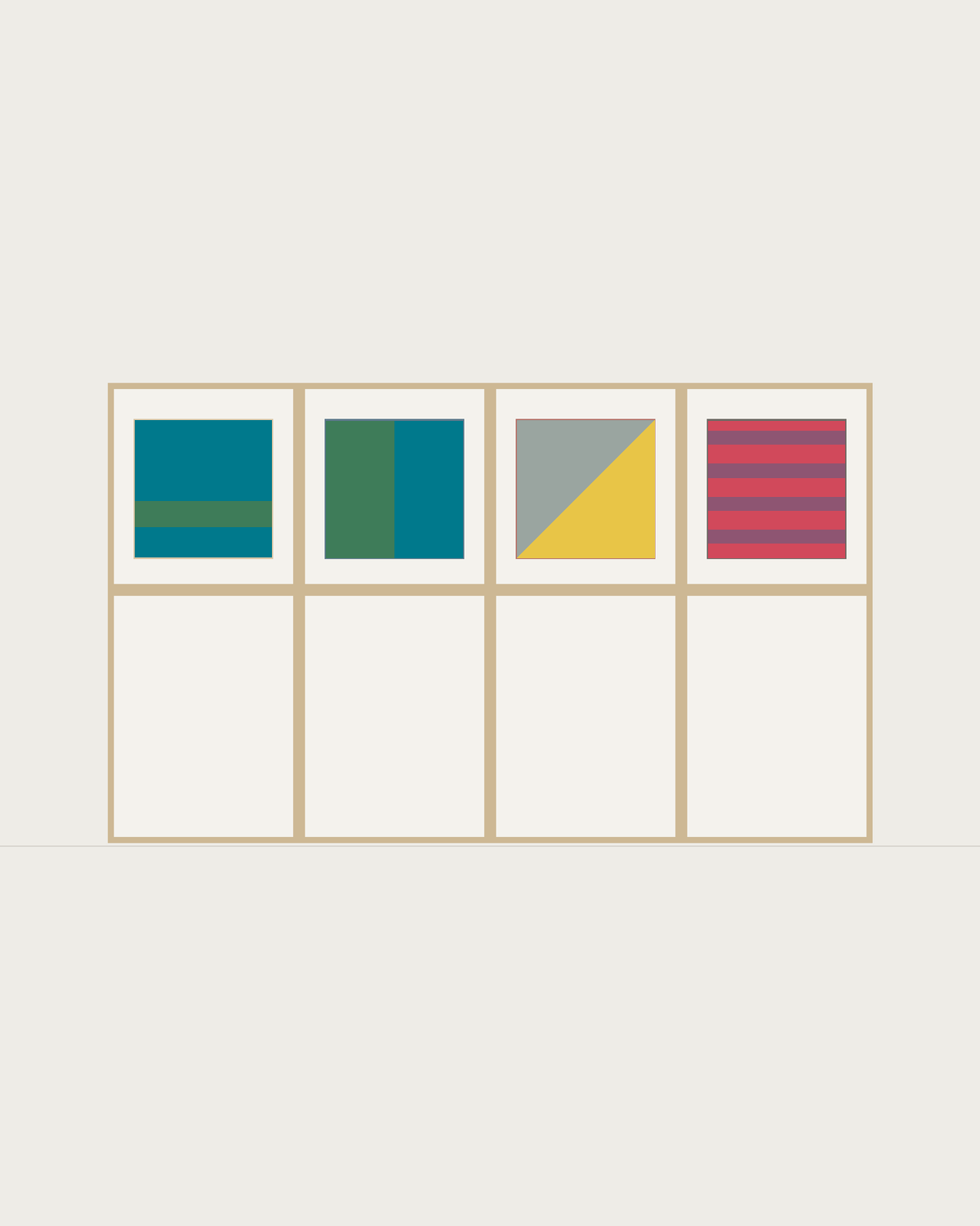 Drawing of a Coverfront record cabinet in white birch plywood, four columns wide and one compartment high