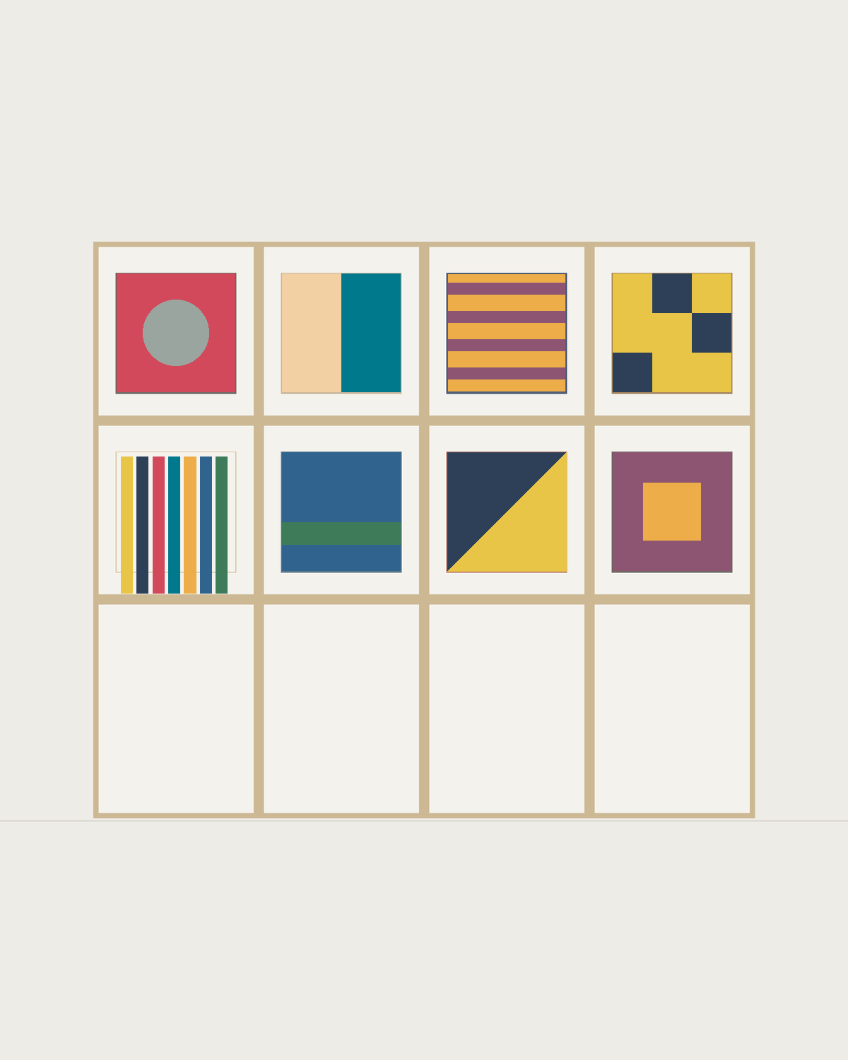 Drawing of a Coverfront record cabinet in white birch plywood, four columns wide and two compartments high