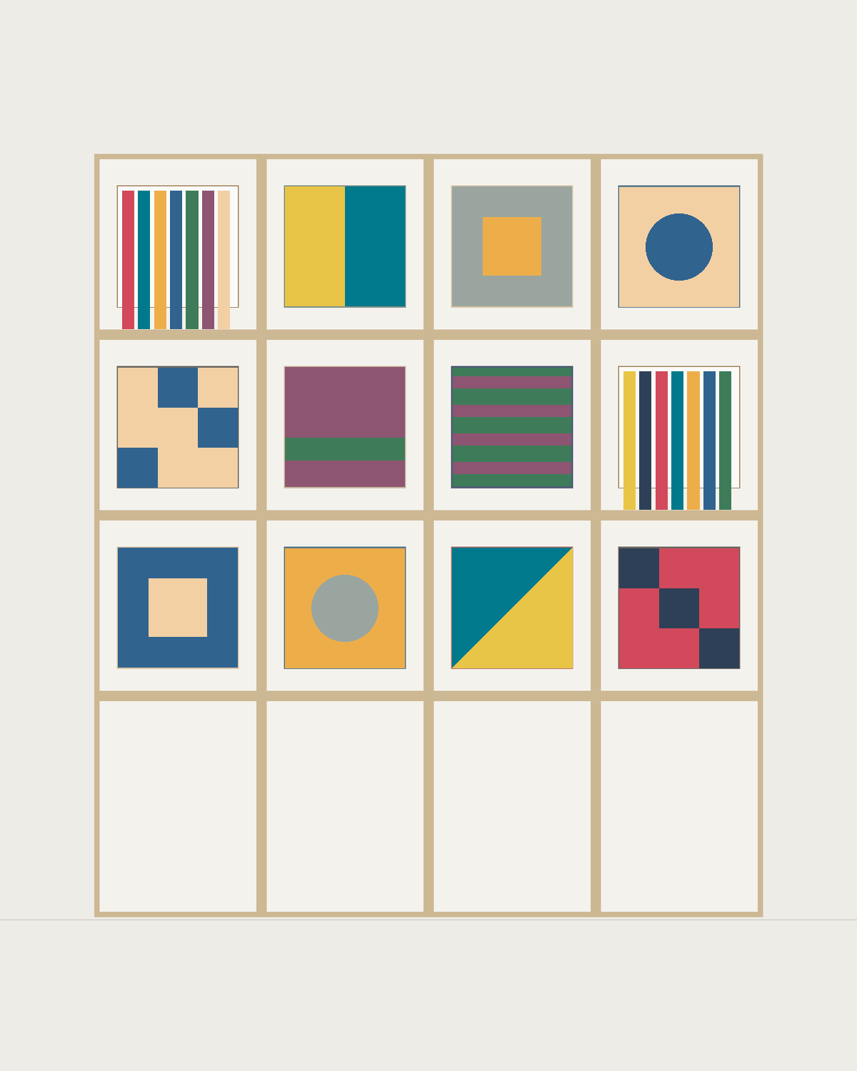 Drawing of a Coverfront record cabinet in white birch plywood, four columns wide and three compartments high