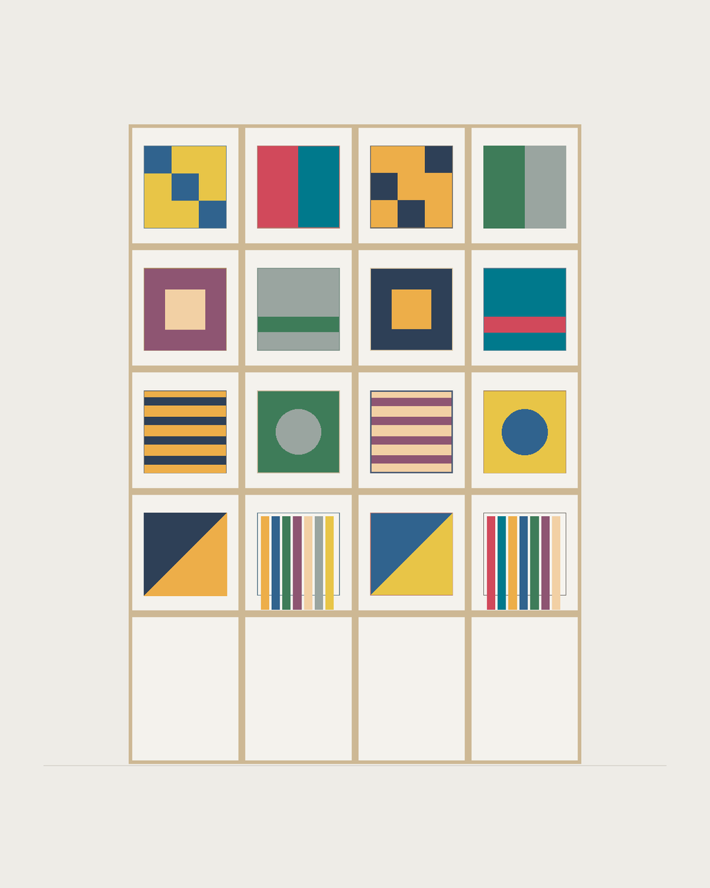 Drawing of a Coverfront record cabinet in white birch plywood, four columns wide and four compartments high