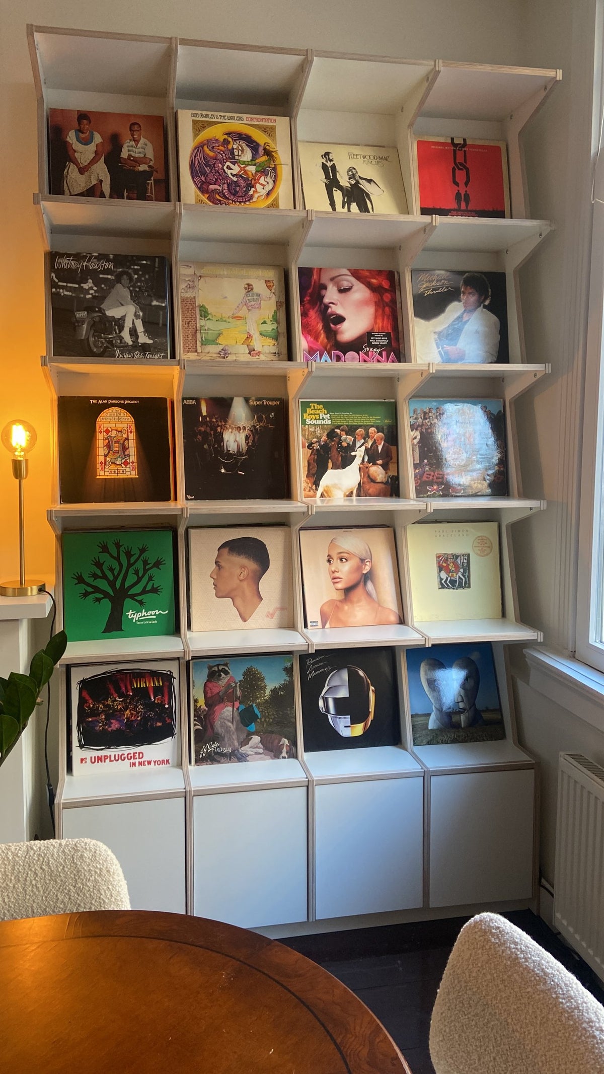 White birch plywood record cabinet, 4 wide and 5 high, in a customer's home