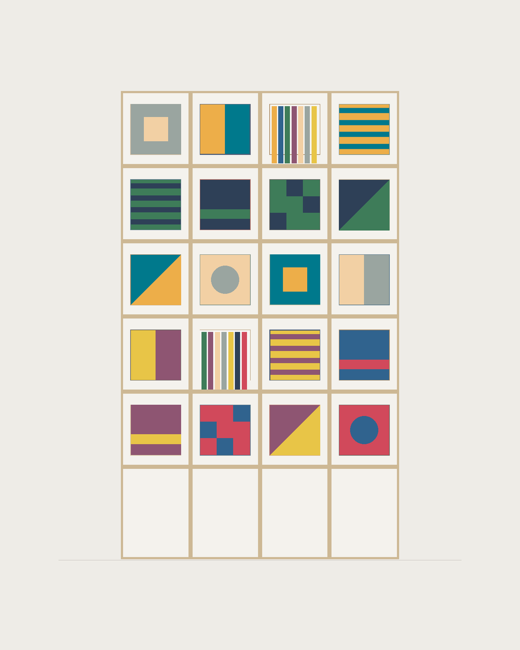 Drawing of a Coverfront record cabinet in white birch plywood, four columns wide and five compartments high