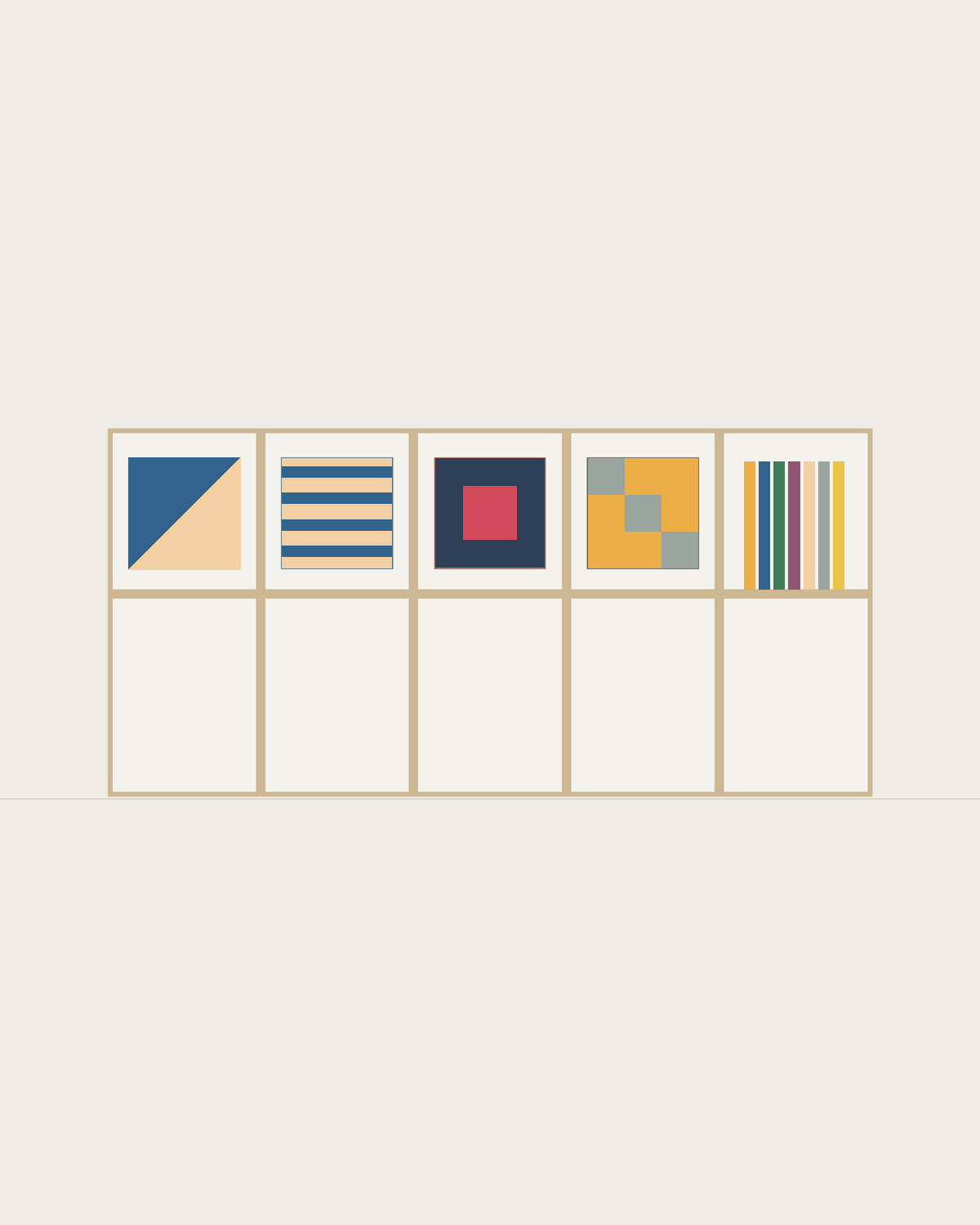 Drawing of a Coverfront record cabinet in white birch plywood, five columns wide and one compartment high