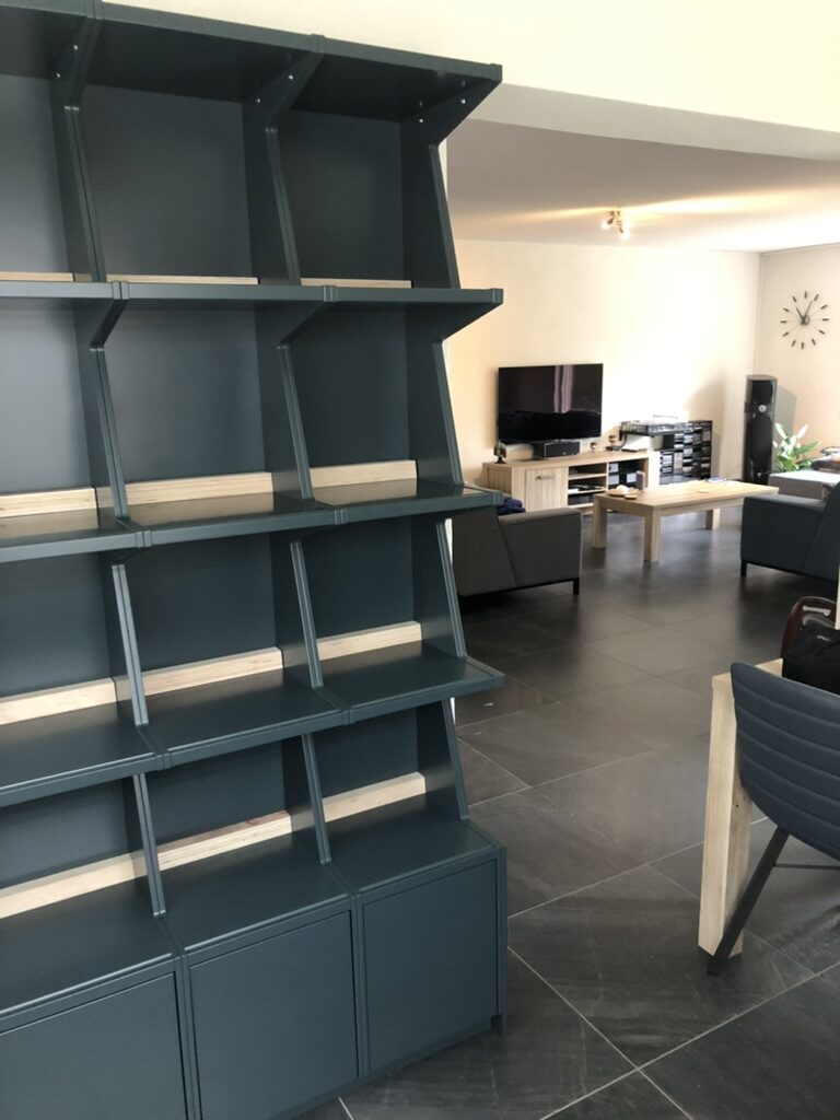 Ophon Coverfront record cabinet in sprayed MDF, a custom colour, four columns, four compartments high, with records standing cover-forward