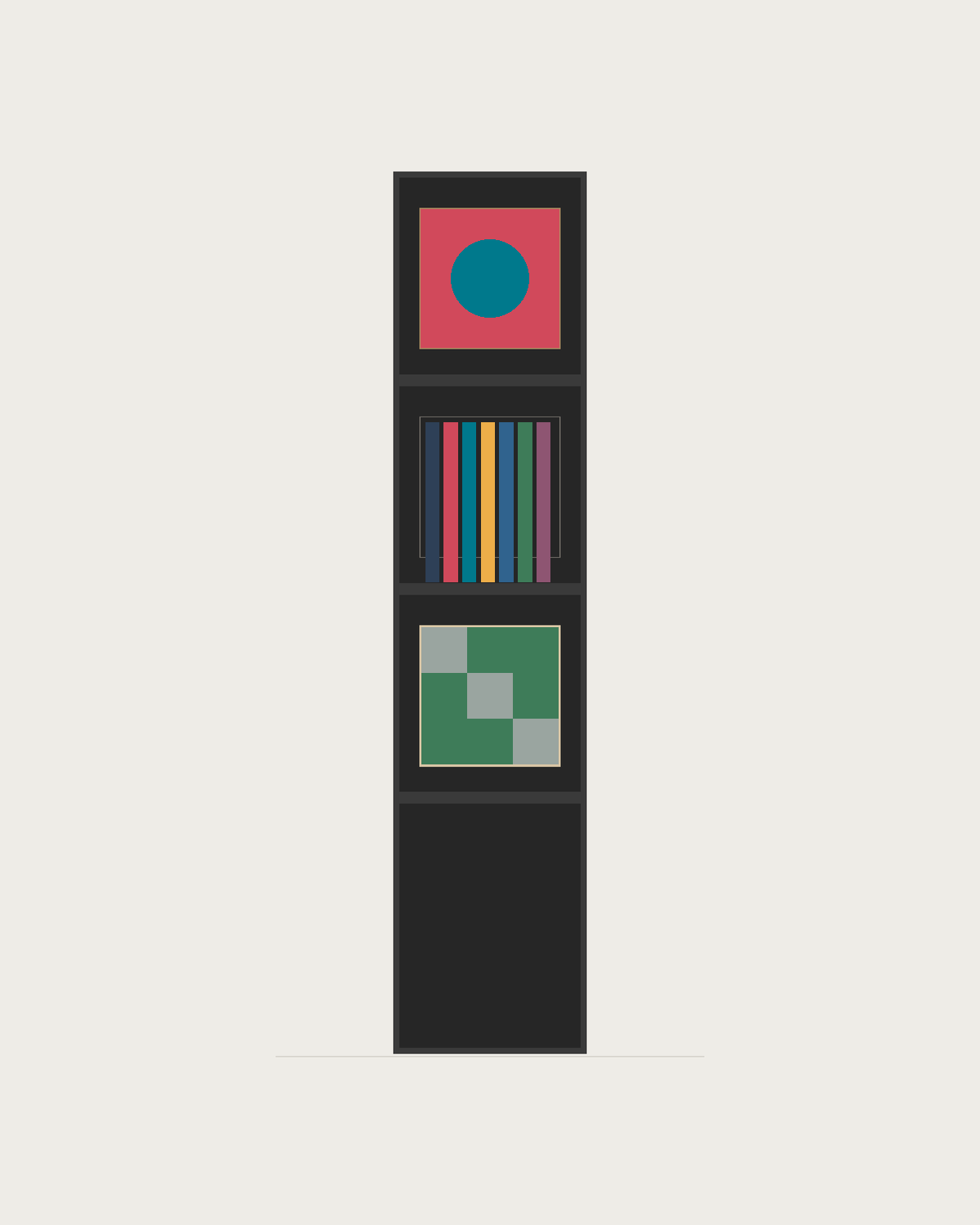 Drawing of a Coverfront record cabinet, spray-painted black, one column wide and three compartments high