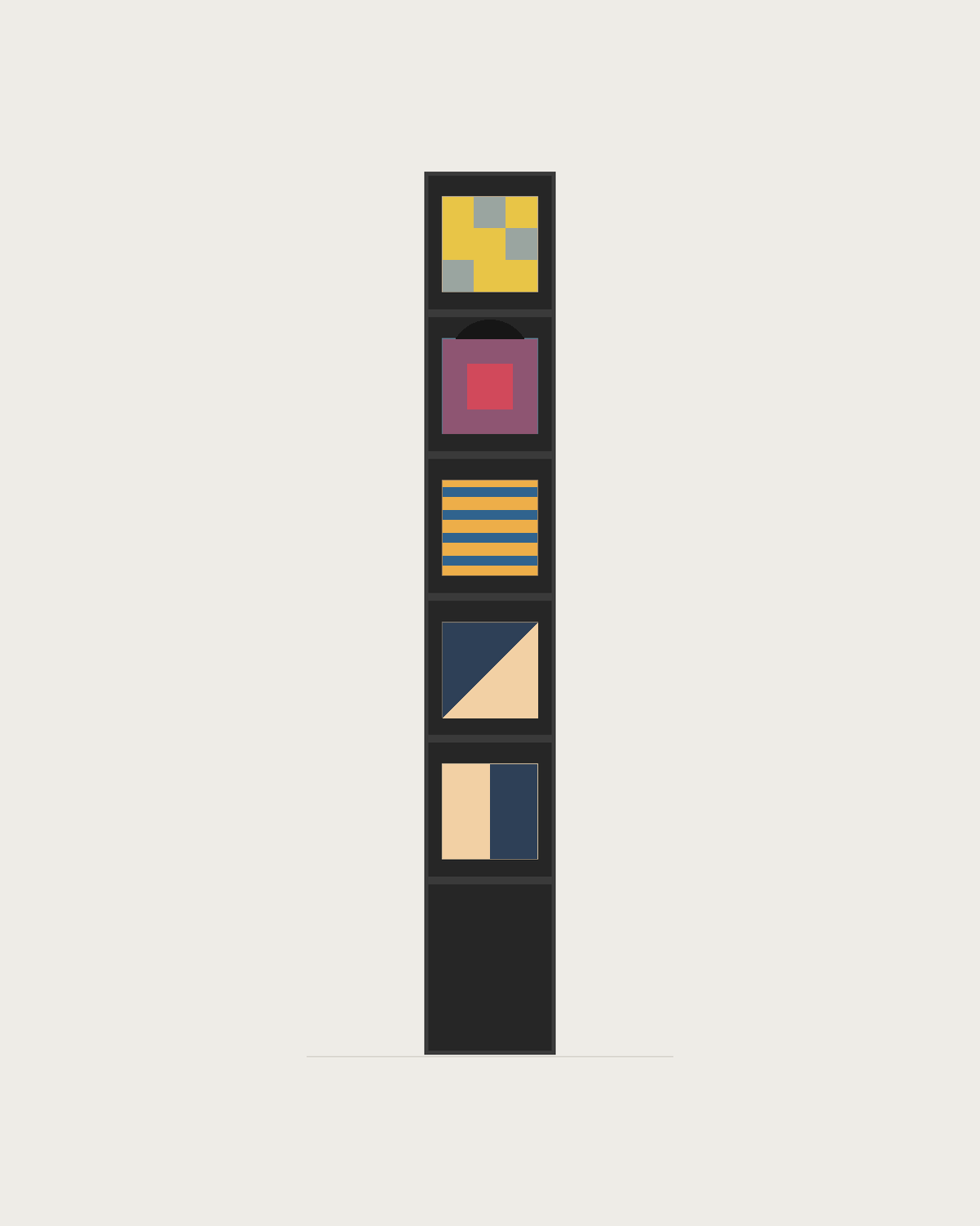 Drawing of a Coverfront record cabinet, spray-painted black, one column wide and five compartments high