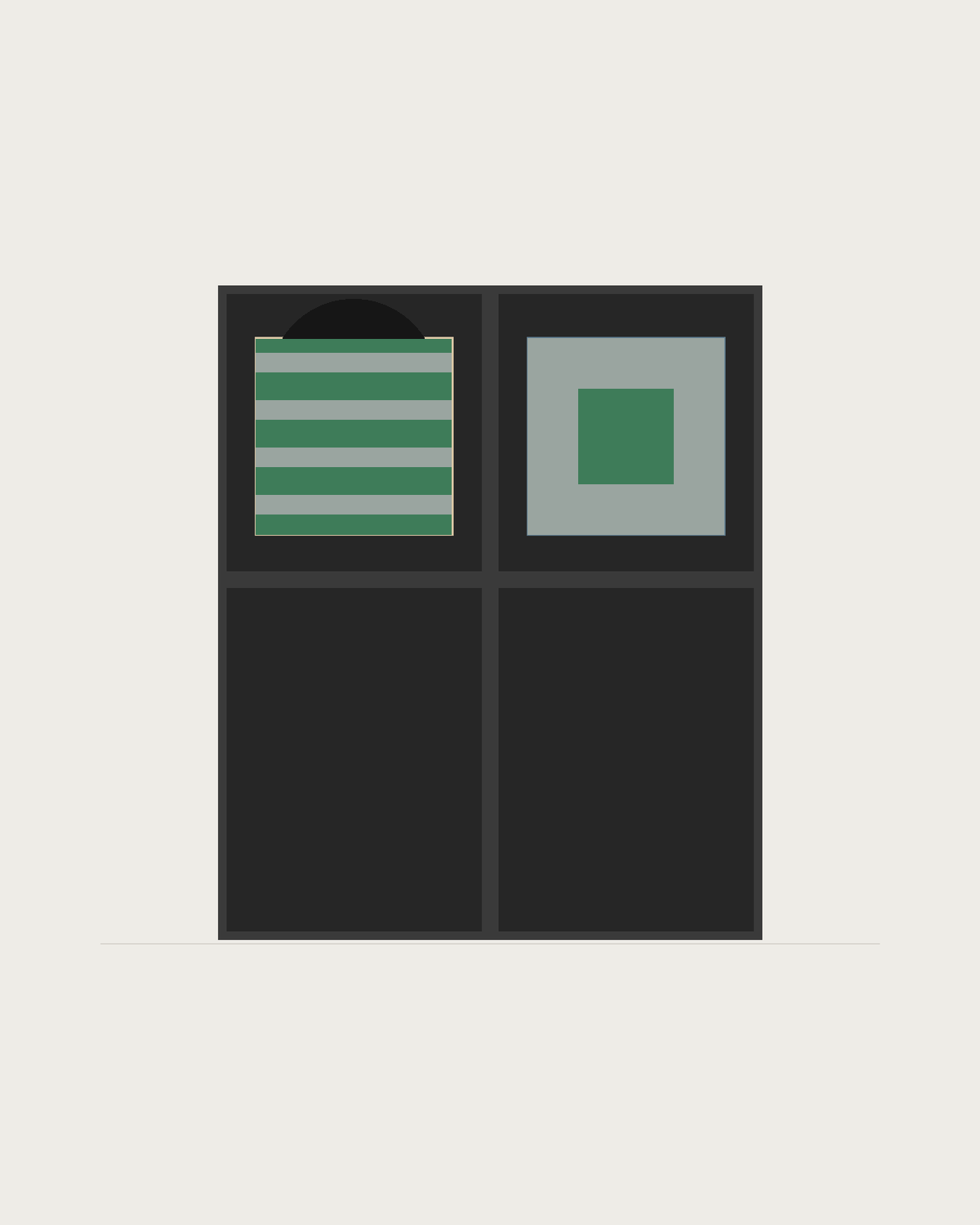 Drawing of a Coverfront record cabinet, spray-painted black, two columns wide and one compartment high