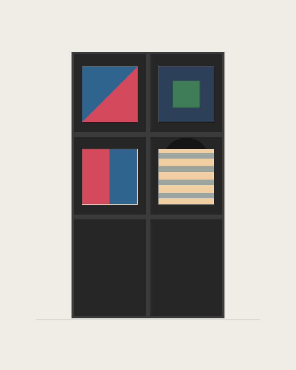 Drawing of a Coverfront record cabinet, spray-painted black, two columns wide and two compartments high