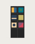 Drawing of a Coverfront record cabinet, spray-painted black, two columns wide and three compartments high