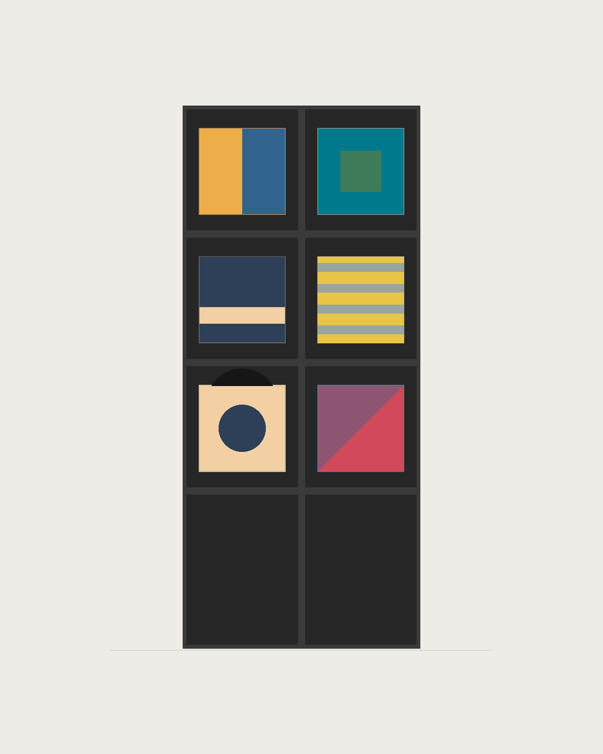 Drawing of a Coverfront record cabinet, spray-painted black, two columns wide and three compartments high
