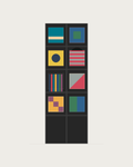 Drawing of a Coverfront record cabinet, spray-painted black, two columns wide and four compartments high