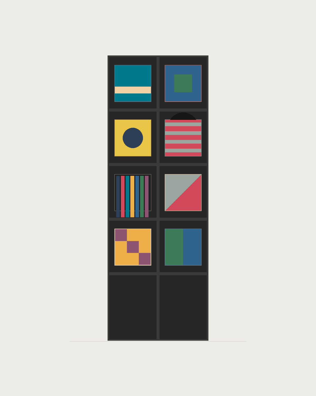 Drawing of a Coverfront record cabinet, spray-painted black, two columns wide and four compartments high