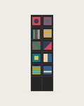 Drawing of a Coverfront record cabinet, spray-painted black, two columns wide and five compartments high