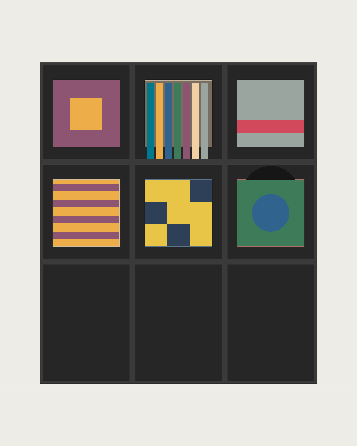 Drawing of a Coverfront record cabinet, spray-painted black, three columns wide and two compartments high