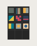 Drawing of a Coverfront record cabinet, spray-painted black, three columns wide and three compartments high