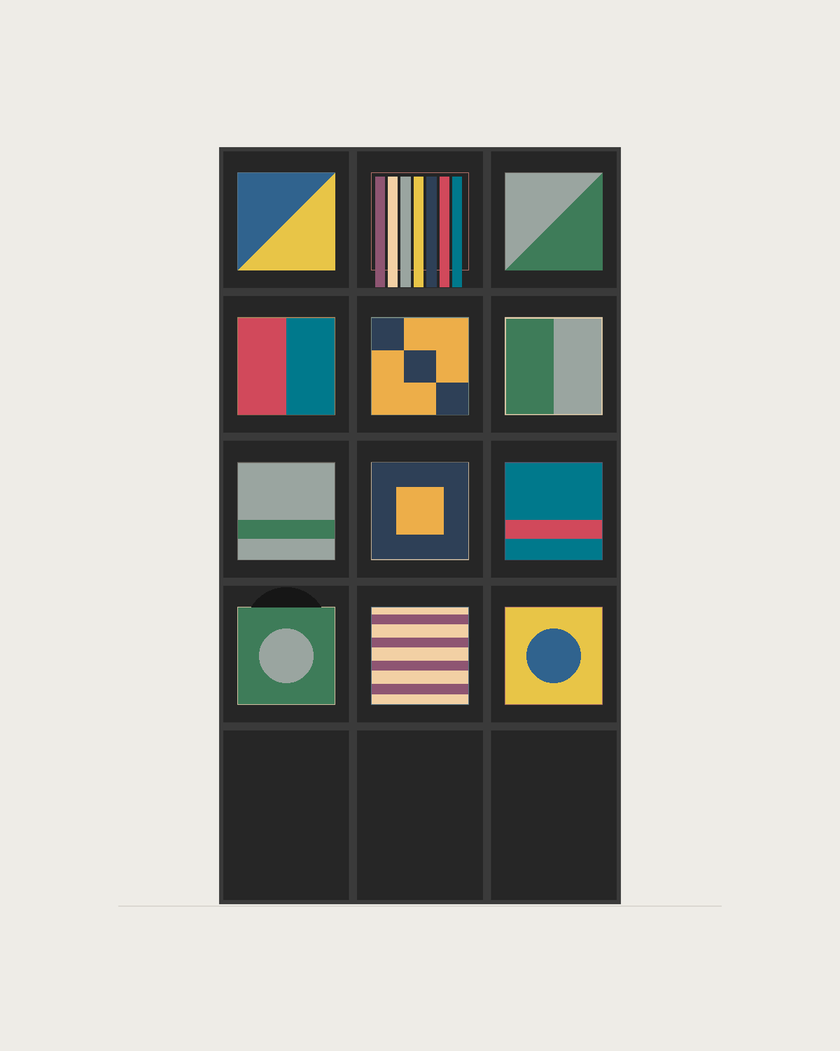 Drawing of a Coverfront record cabinet, spray-painted black, three columns wide and four compartments high