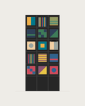 Drawing of a Coverfront record cabinet, spray-painted black, three columns wide and five compartments high