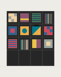 Drawing of a Coverfront record cabinet, spray-painted black, four columns wide and three compartments high