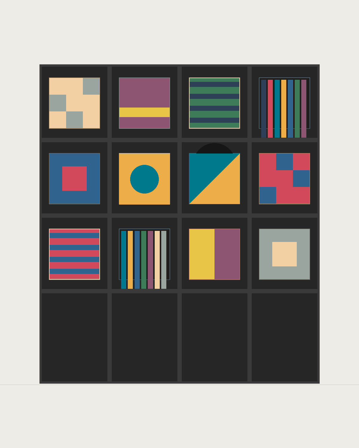 Drawing of a Coverfront record cabinet, spray-painted black, four columns wide and three compartments high